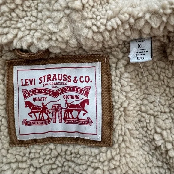 Levi’s Sherpa lined Workwear Brown Washed Canvas Outdoor winter Bomber Jacket XL - Picture 9 of 16